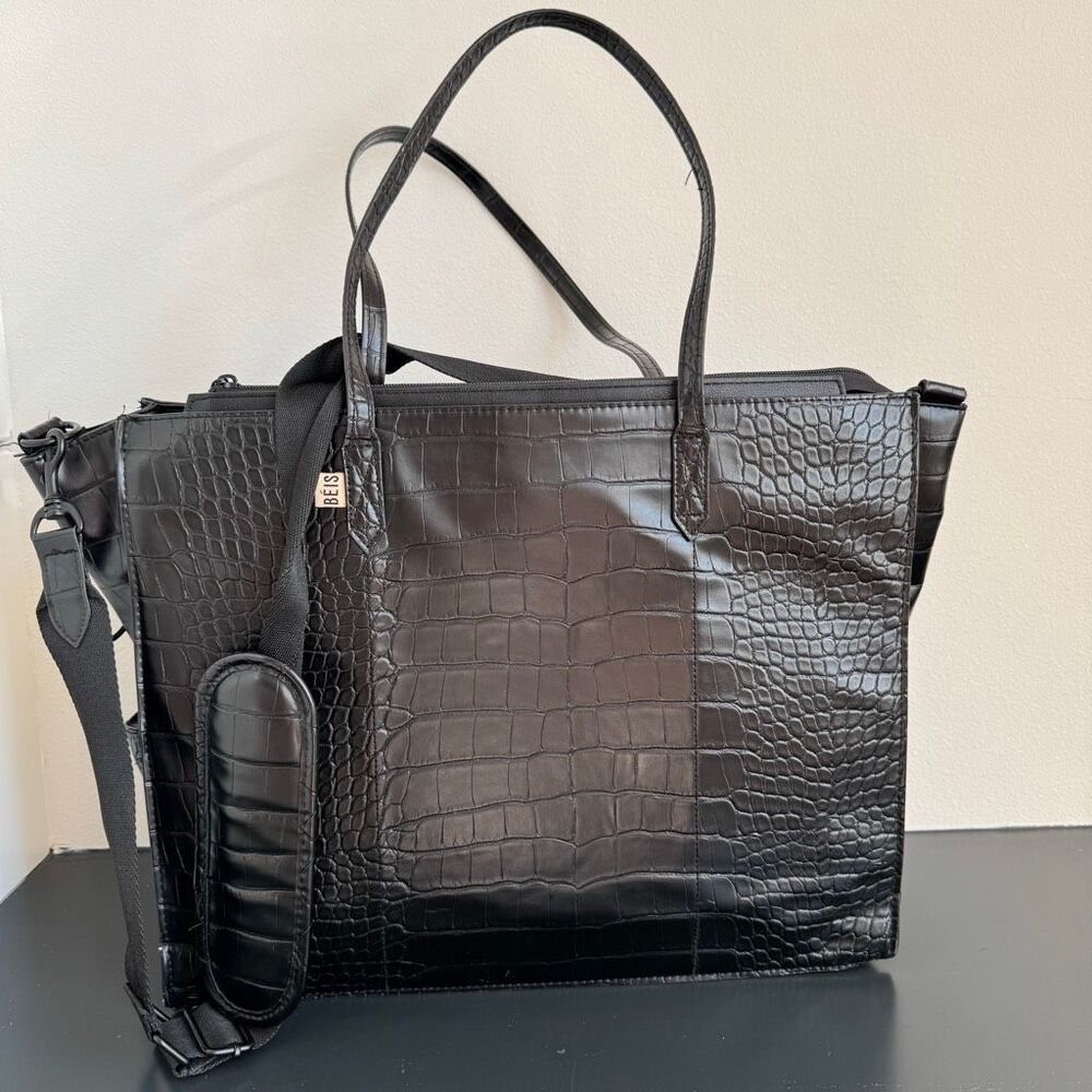 BEIS Large Work Tote Black Crocodile 14.5” x 11” Vegan Leather Zip Closure - Picture 1 of 15